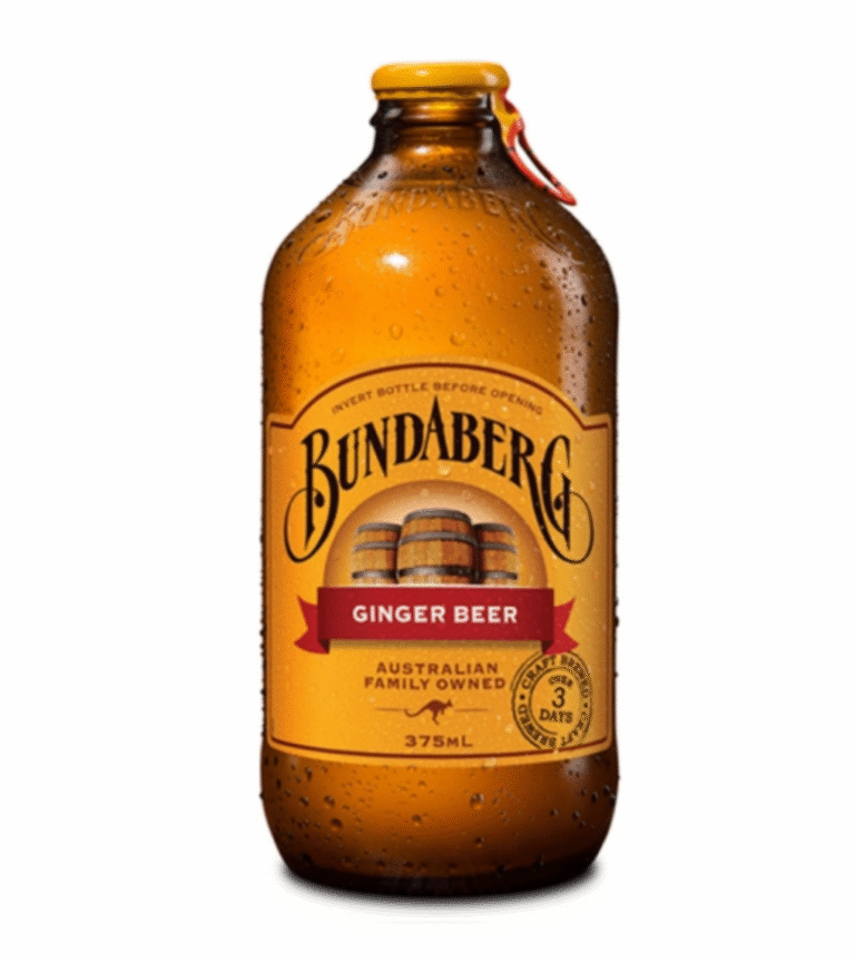 Стъклена бутилка от 375 мл Bundaberg Джинджър Бира с винтова капачка и ретро етикет с изображение на джинджифил.