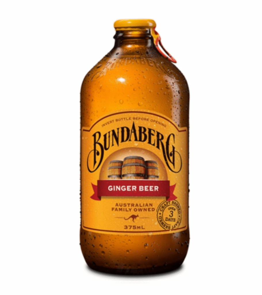 Стъклена бутилка от 375 мл Bundaberg Джинджър Бира с винтова капачка и ретро етикет с изображение на джинджифил.