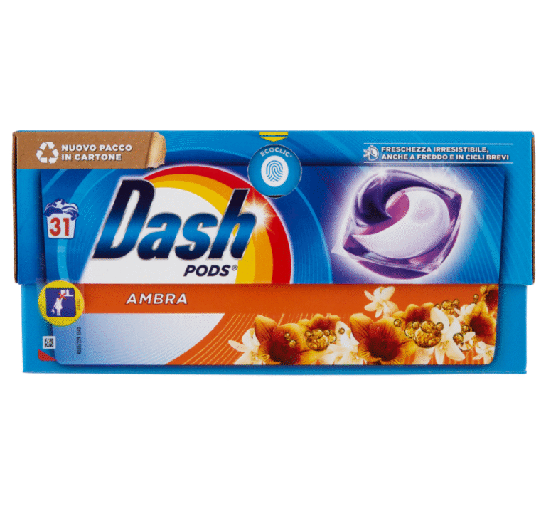 Опаковка с 31 капсули за пране Dash с аромат на кехлибар