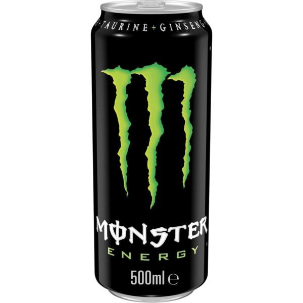 Кен Monster енергийна напитка 500 мл – с черен кен и зелен „мънстър“ логотип.