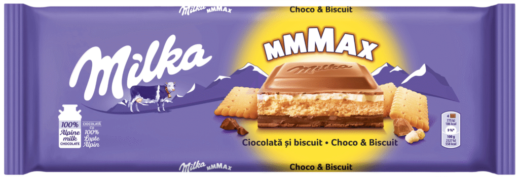 Млечен шоколад Milka с парченца бисквита, 300 г, опакован в лилава опаковка.