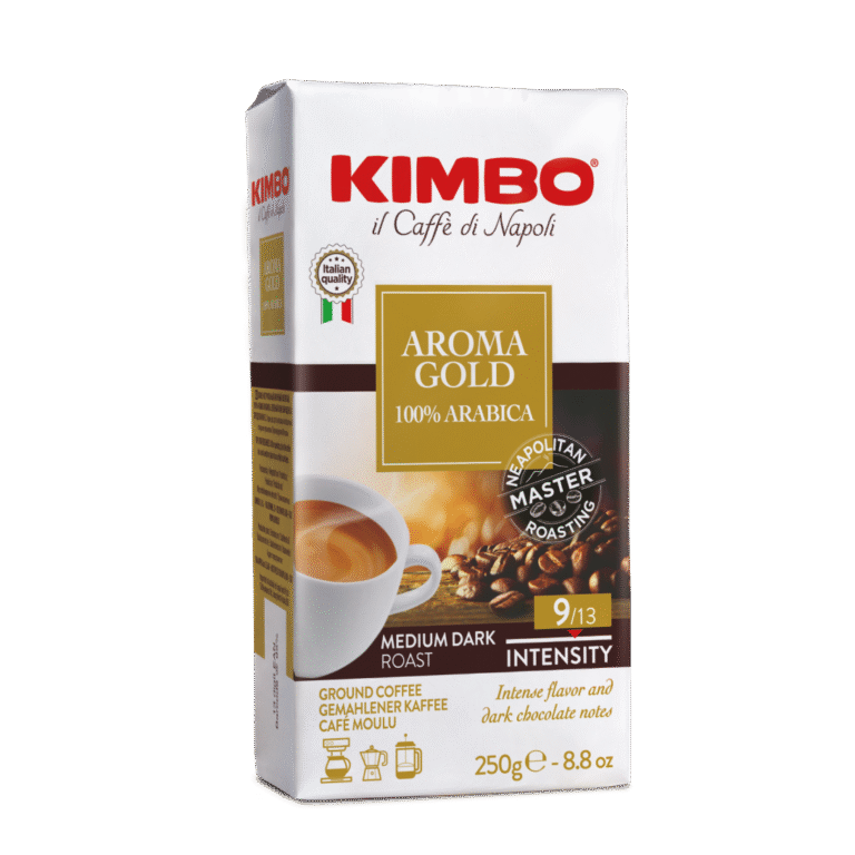 Опаковка мляно кафе Kimbo Aroma Gold 250 г – 100% Арабика с богат вкус и елегантен аромат.