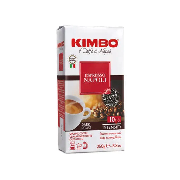 Опаковка мляно кафе Kimbo Espresso Napoli 250 г – тъмно изпечено кафе с интензивен вкус и аромат.