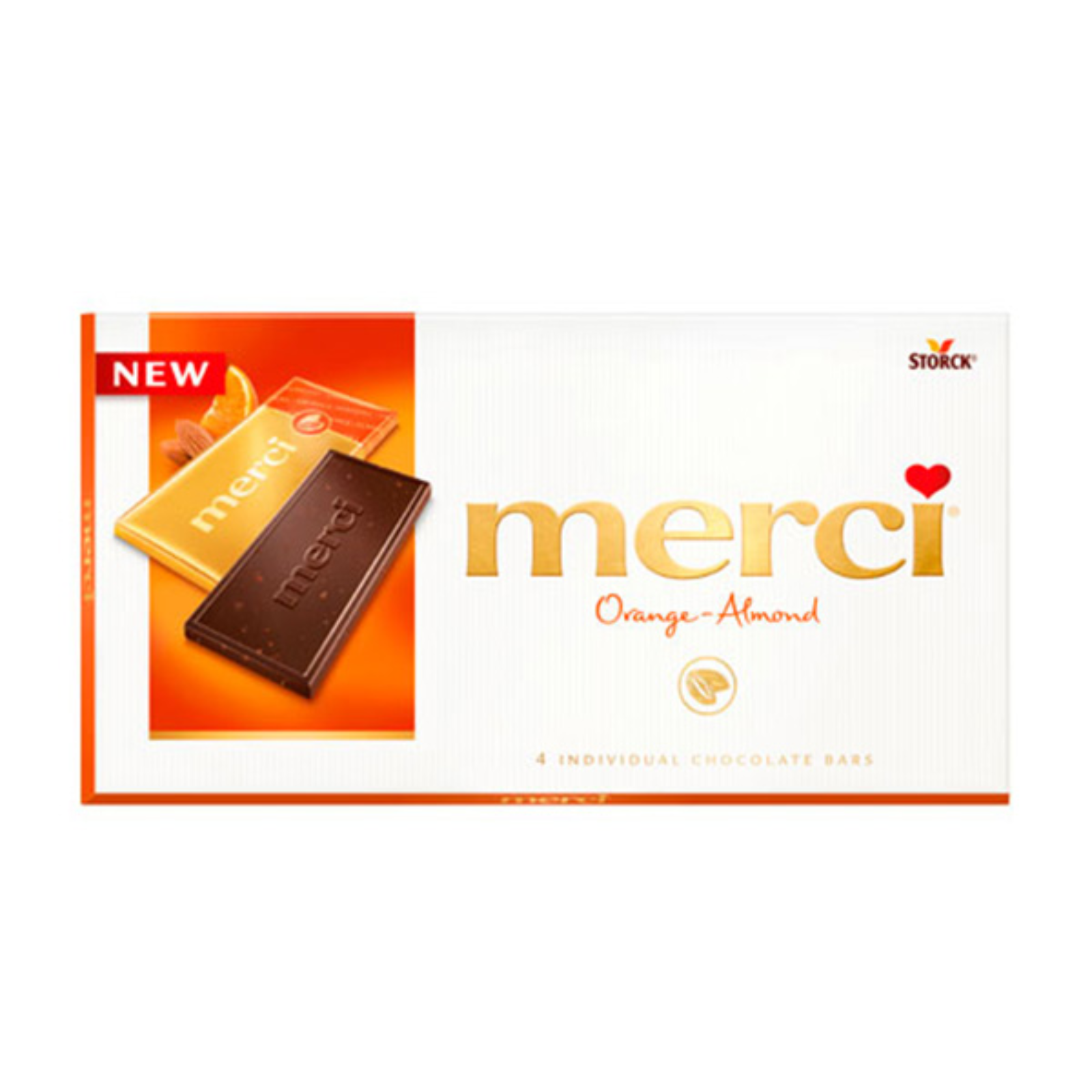 1860.png Плочка тъмен шоколад Merci с портокал и бадеми, 100 г, в елегантна опаковка.
