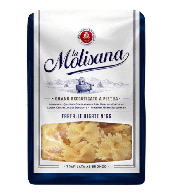 Опаковка фарфале ригате Molisana N66 500 г – пеперуди с релеф, изработени от твърда пшеница и бронзово пресовани.