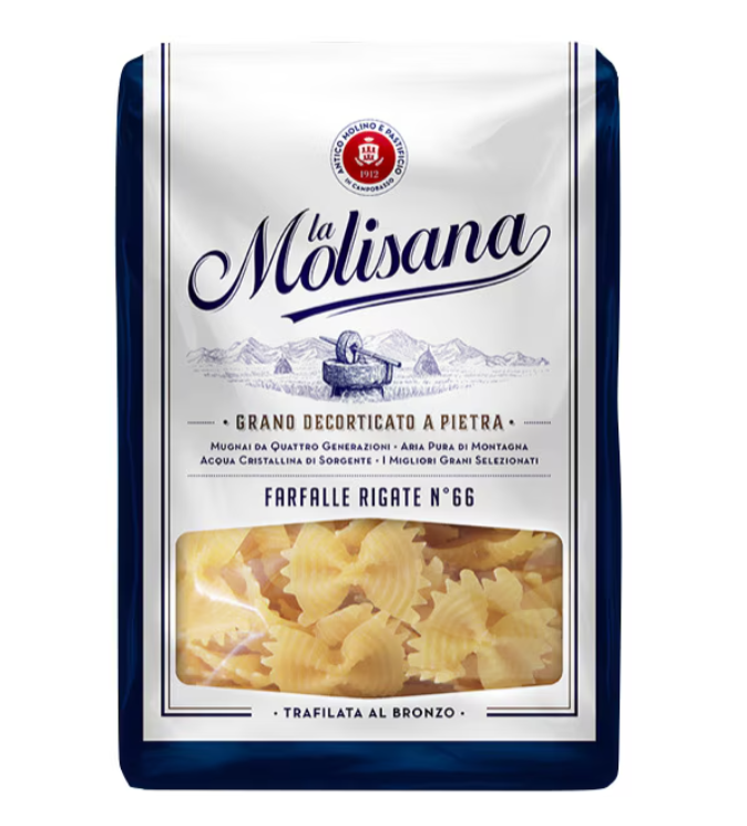 Опаковка фарфале ригате Molisana N66 500 г – пеперуди с релеф, изработени от твърда пшеница и бронзово пресовани.