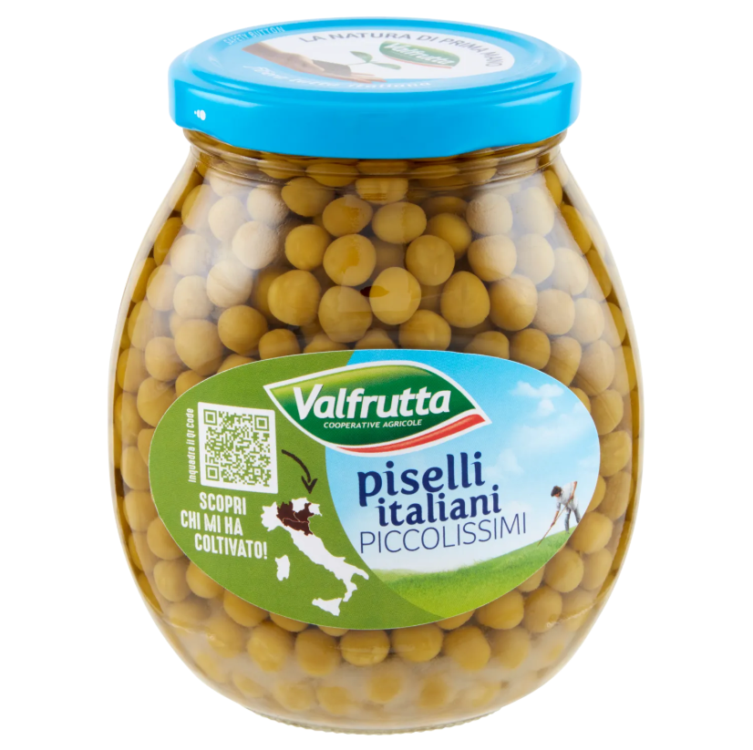 Стъклен буркан с ситен грах Valfrutta 360 г – ярко зелени грахчета в прозрачен буркан, варени без консерванти.
