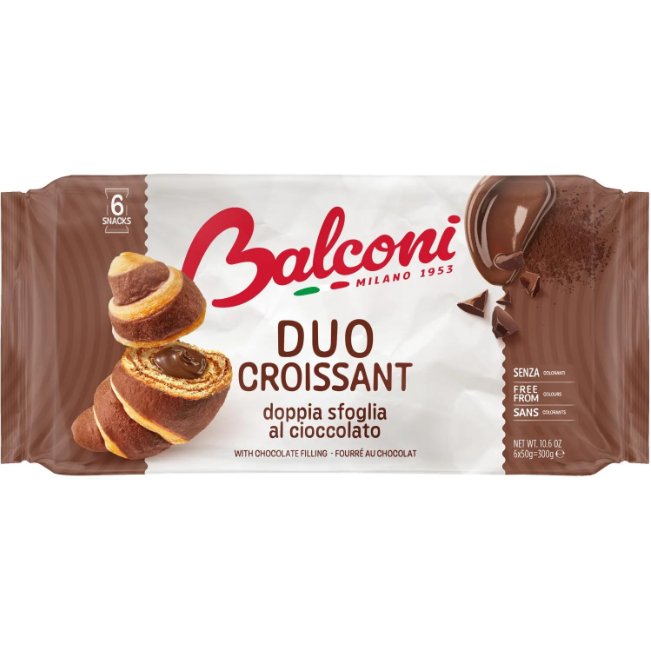 Кутия Balconi Duo – 6 шоколадови кроасана по 50 г, индивидуално опаковани.