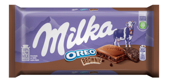 Плочка млечен шоколад Milka Oreo Брауни 100 г в лилава опаковка.