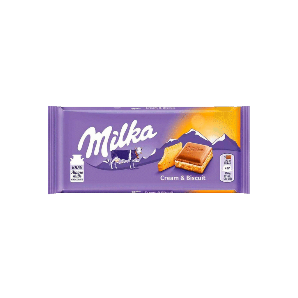 Млечен шоколад Milka с крем и бисквити, 100 г в лилава опаковка.