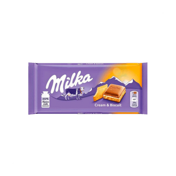 Млечен шоколад Milka с крем и бисквити, 100 г в лилава опаковка.