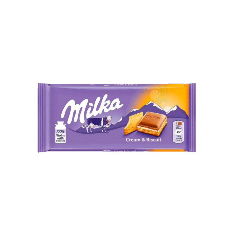 Млечен шоколад Milka с крем и бисквити, 100 г в лилава опаковка.