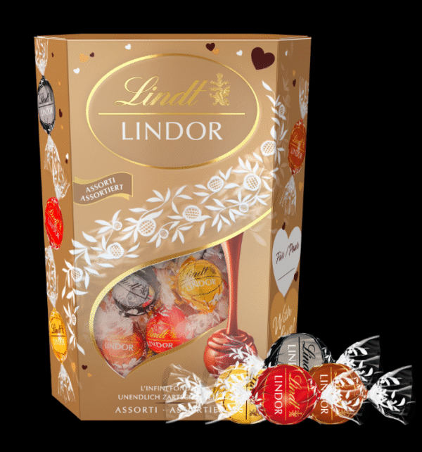 Опаковка Lindor Cornet бонбони Асорти 137 г – млечен, тъмен и бял шоколад с топящ се пълнеж.