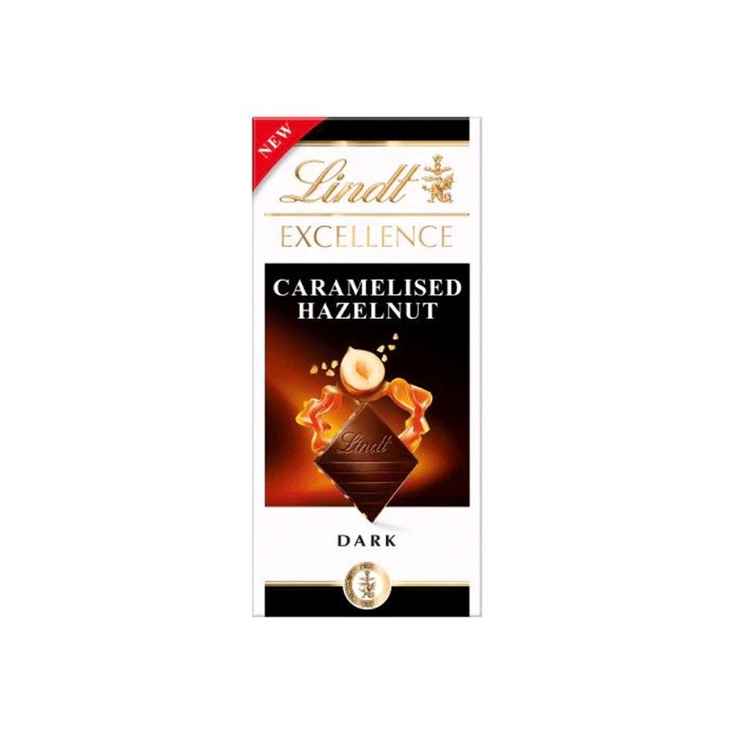 Таблет шоколад Lindt Excellence 100 г с карамелизирани лешници в тъмен шоколад.