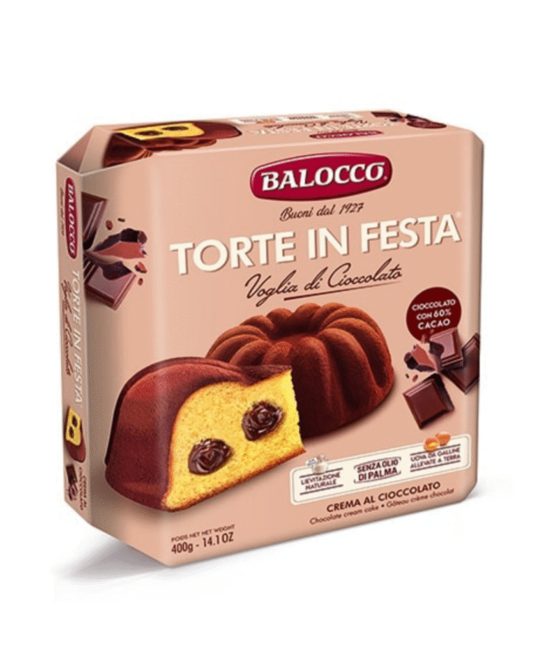 Кутия Balocco шоколадова торта 400 г с апетитно изображение на нарязана торта.