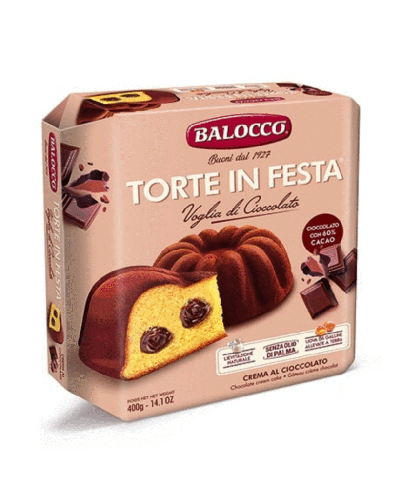 Кутия Balocco шоколадова торта 400 г с апетитно изображение на нарязана торта.