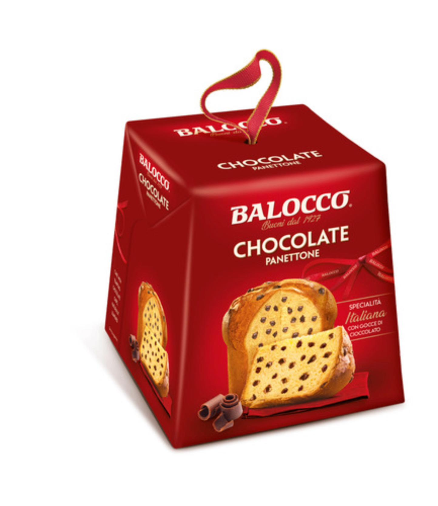 3437.png Мини панетоне Balocco 100 г с шоколадови парченца в празнична опаковка.