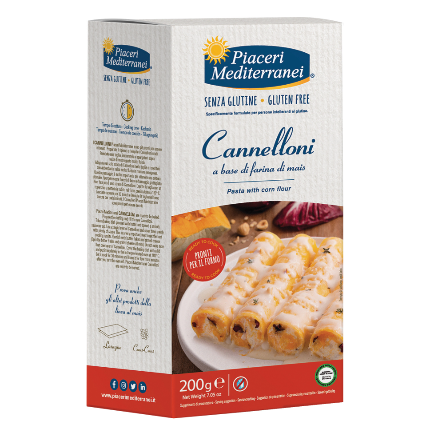 Безглутенови царевични канелони Piaceri – 200 г в картонена кутия, готови за пълнене.