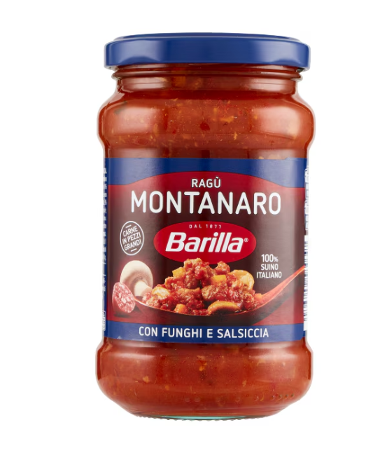 Буркан Barilla готов сос Монтанаро 300 г – червен доматен сос с подправки на бял фон