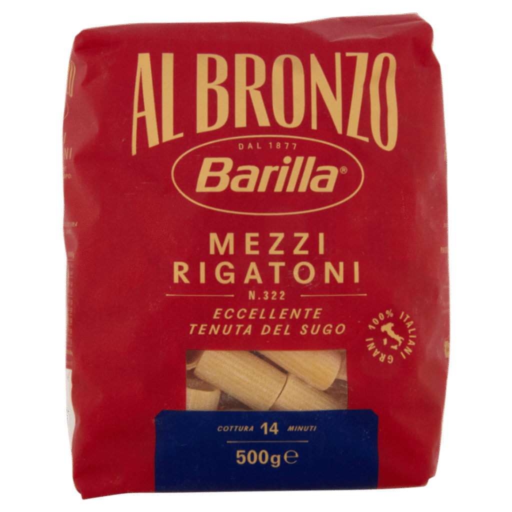 Опаковка паста Barilla медзи ригатони №322 500 г – релефна форма за богати италиански сосове