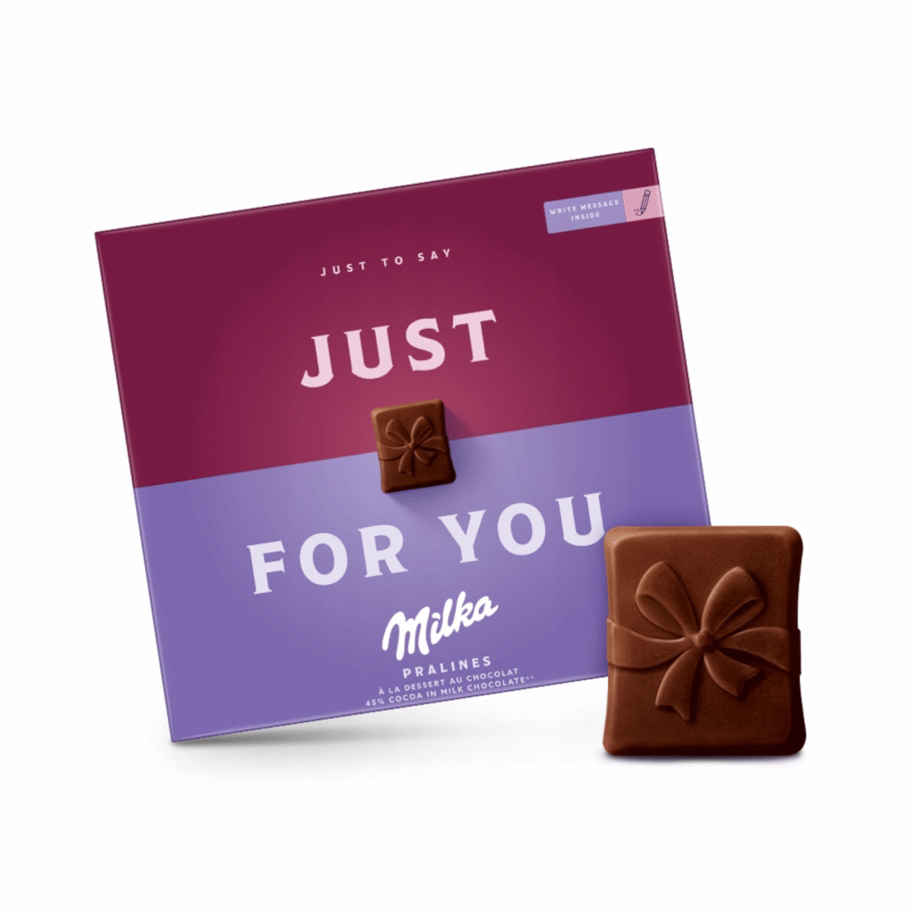 Шоколадови бонбони Milka Just For You 110 г – млечен шоколад с кремообразен пълнеж в стилна опаковка