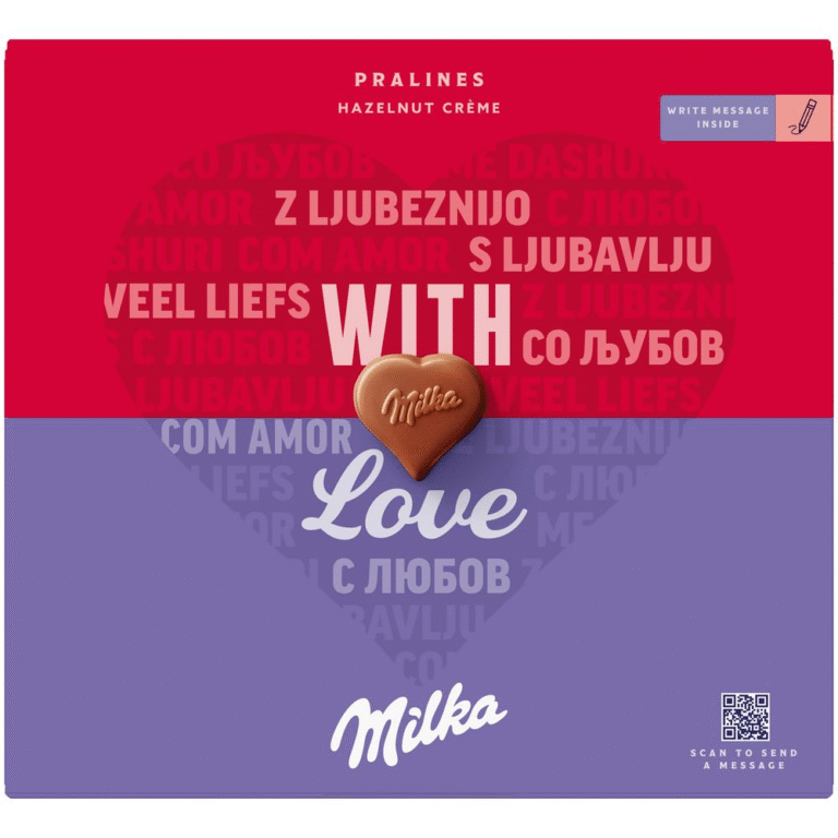 Шоколадови бонбони Milka With Love 110 г – млечен шоколад с кремообразен пълнеж в красива опаковка