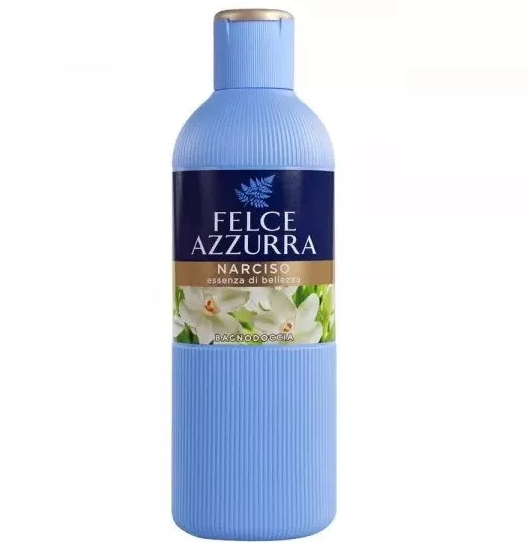Бутилка душ гел Felce Azzurra Сладък нарцис 650 мл с нежен жълто-оранжев дизайн и флорални мотиви