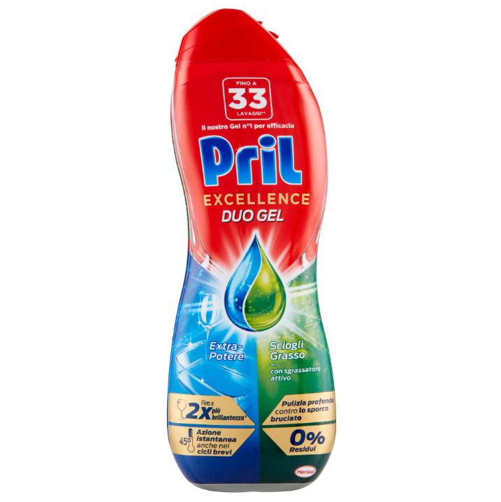 Пластмасова бутилка с 540 мл двукомпонентен гел за съдомиялна Pril с 4 действия