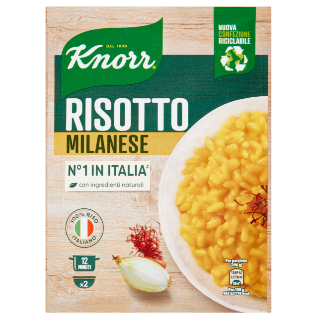 Опаковка Ризото Knorr Миланезе 175 г с жълтеникав дизайн и изображение на приготвено ризото.