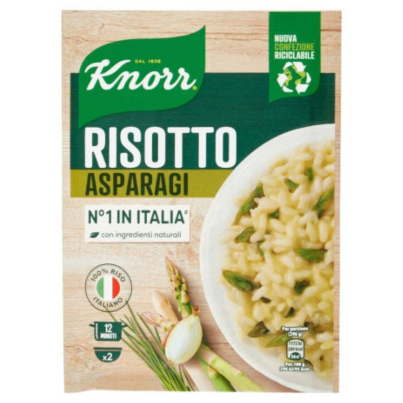430046.png Опаковка Ризото Knorr С Аспержи 175 г с изображение на зелени аспержи и апетитно приготвено ризото.