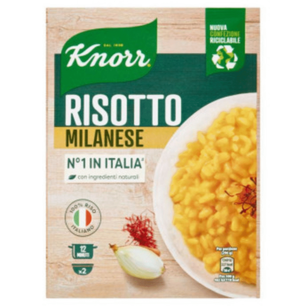 Опаковка Ризото Knorr С Гъби 175 г с апетитно изображение на ризото с гъби върху чиния.