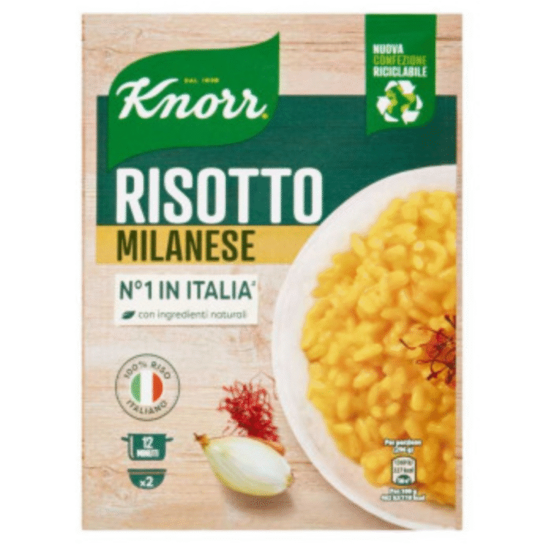 Опаковка Ризото Knorr С Гъби 175 г с апетитно изображение на ризото с гъби върху чиния.