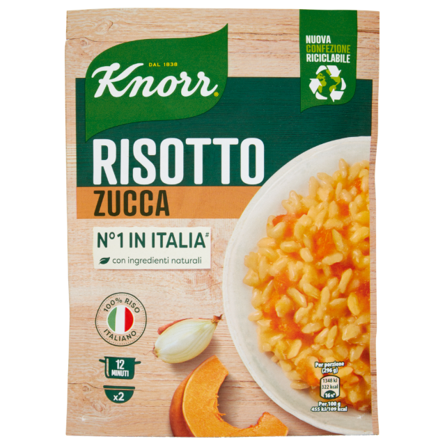 Опаковка Ризото Knorr С Тиква 175 г с илюстрация на златисто ризото и резенчета тиква.