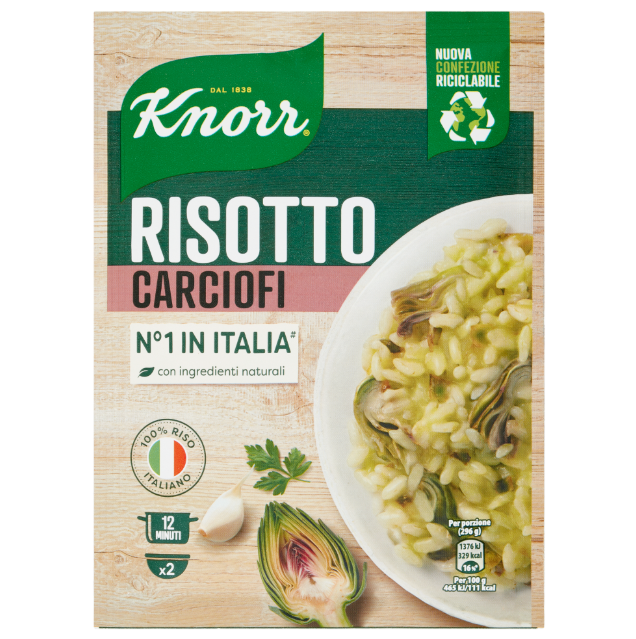 Опаковка Ризото Knorr С Артишок 175 г с апетитно изображение на ризото и резени артишок.