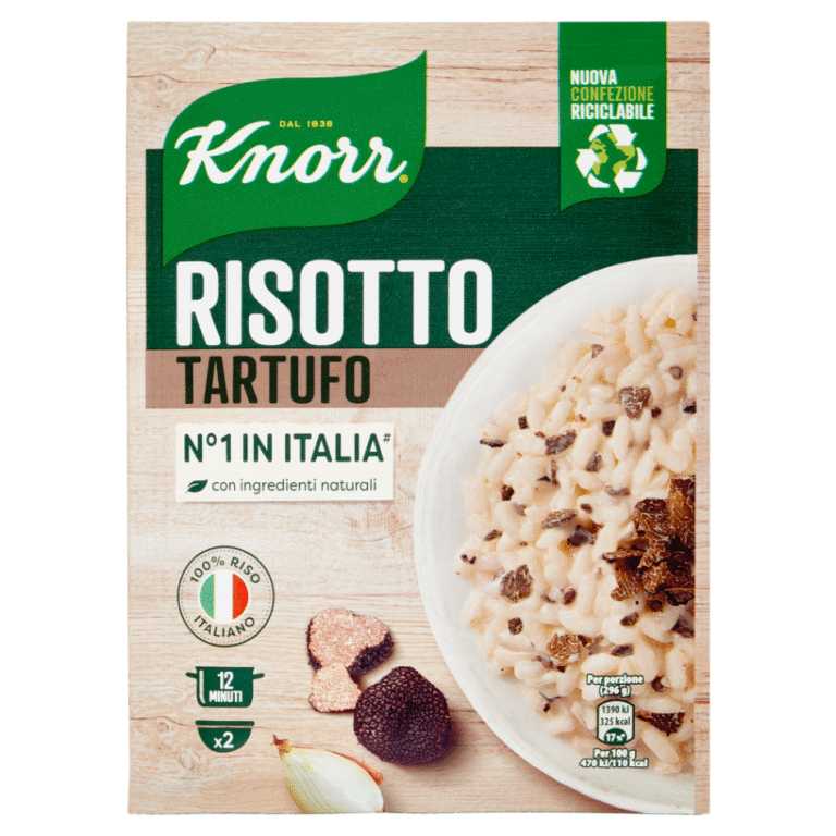 Опаковка Ризото Knorr С Трюфел 175 г с изискано изображение на кремообразно ризото с трюфелови резени.
