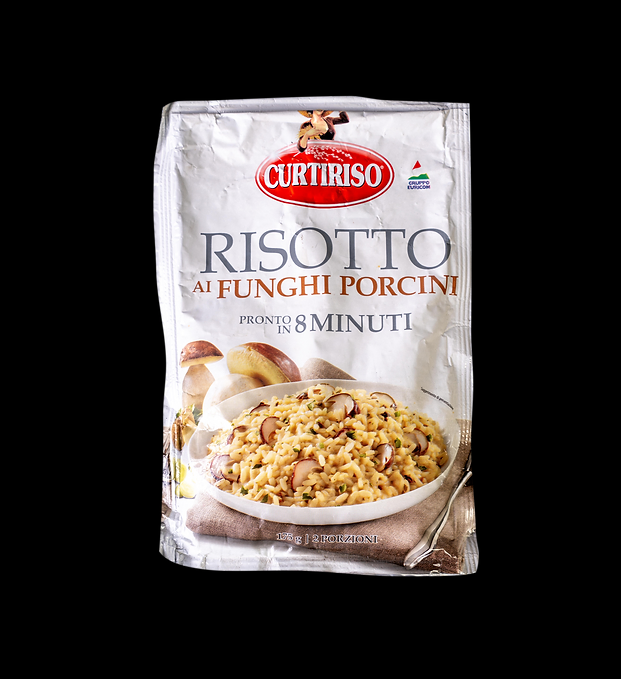 430061.png Опаковка Curti ризото с гъби манатарки 175 г с изображение на готовото ястие на преден план.