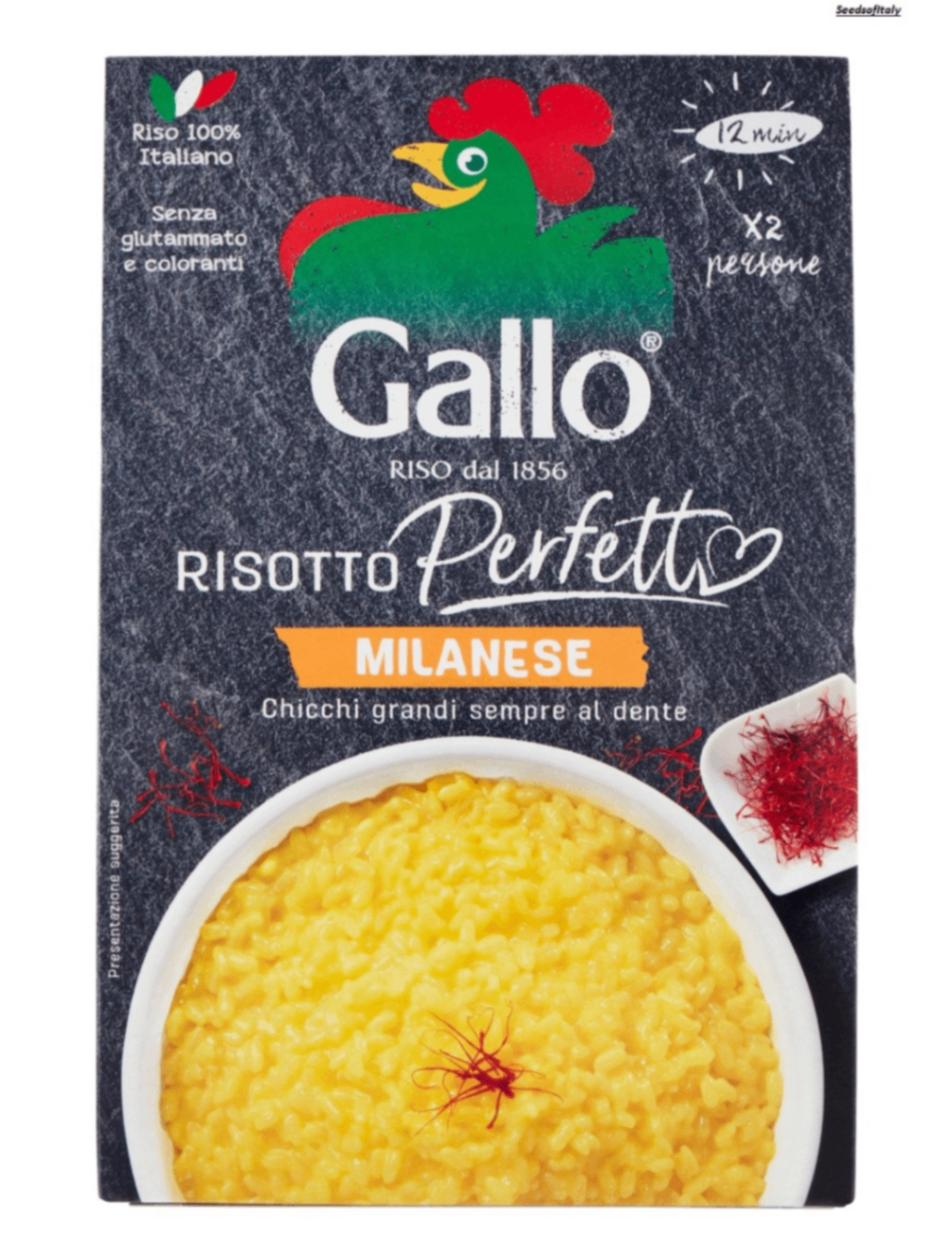 430100.png Опаковка Gallo ризото по милански 175 г с изображение на готово ястие с ориз и шафран.