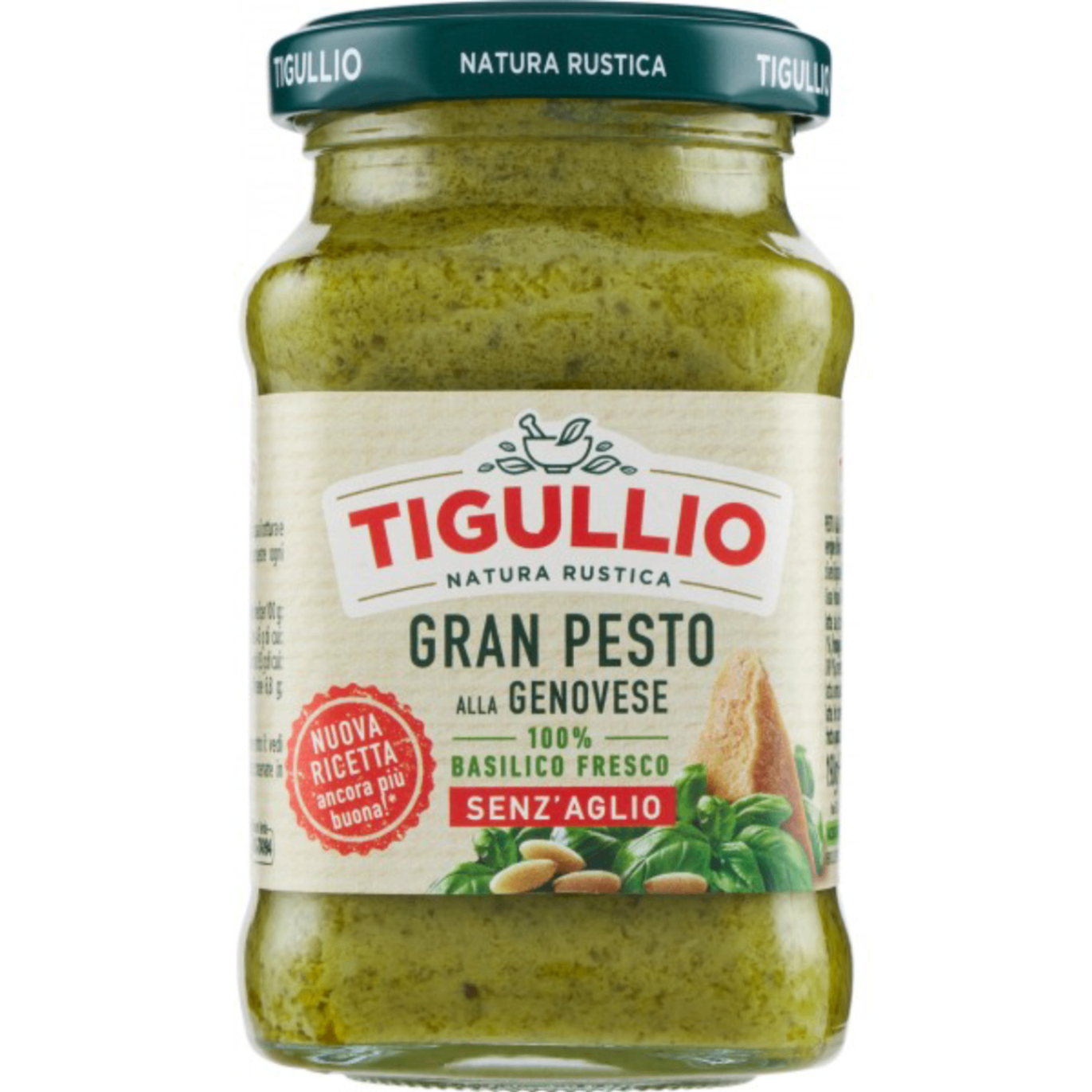 430103.png Буркан песто Tigullio без чесън 190 г с наситен зелен цвят и гладка текстура.