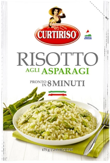 Опаковка Curti ризото с аспержи 175 г с изображение на ризото с аспержи.