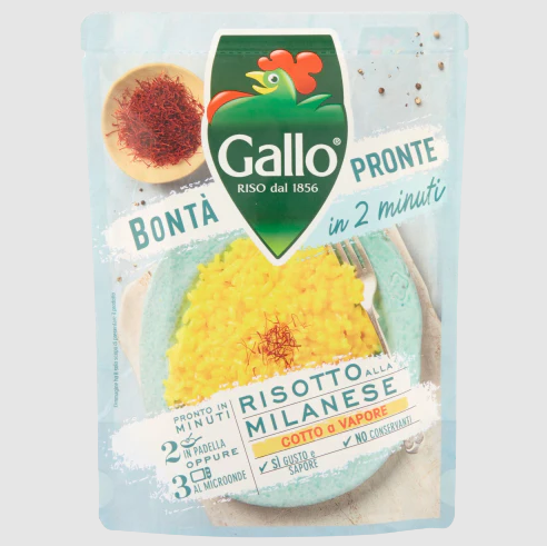 Опаковка на Gallo ризото с шафран 250 г – бързоупиващо ястие с кремообразна текстура и златист цвят.
