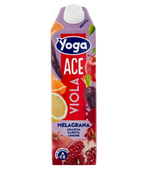 Сок Yoga ACE с нар в кутия от 1 л, с изображение на нар и други плодове на етикета.