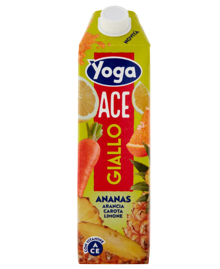 Сок Yoga ACE с жълт портокал в кутия от 1 л, с изображение на цитруси и морков на етикета.