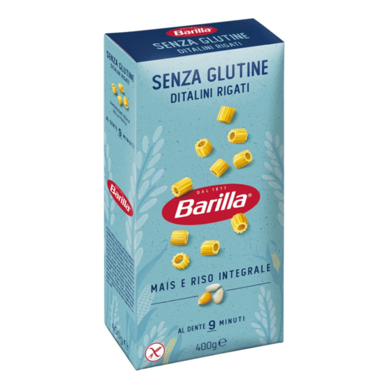 Опаковка Barilla диталини ригати без глутен 400 г с видима форма на пастата.