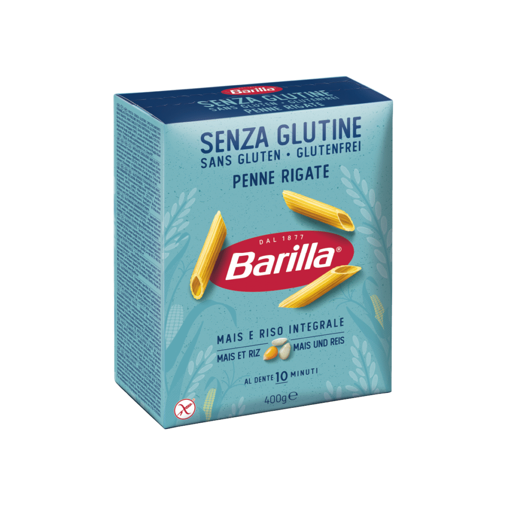 Опаковка Barilla пенне ригате без глутен 400 г с видима форма на пастата.