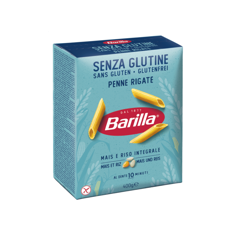Опаковка Barilla пенне ригате без глутен 400 г с видима форма на пастата.