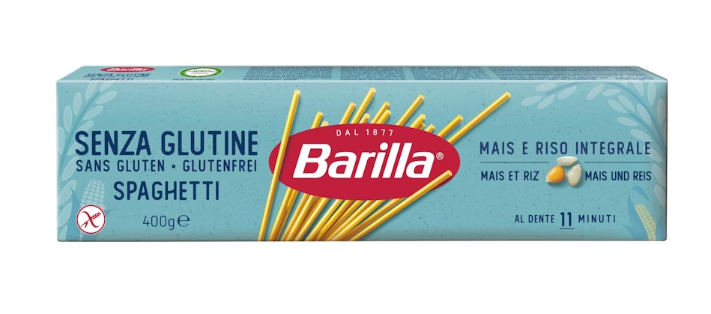 Опаковка Barilla спагети без глутен 400 г с видима форма на спагети.