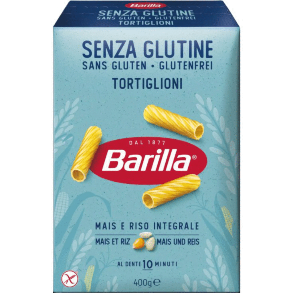 Опаковка Barilla тортильони без глутен 400 г с форма на спираловидна паста.