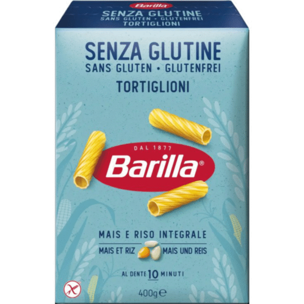 Опаковка Barilla тортильони без глутен 400 г с форма на спираловидна паста.