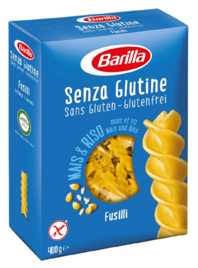 Опаковка Barilla фузили без глутен 400 г с видима спираловидна форма на пастата.