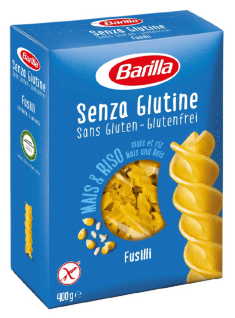 Опаковка Barilla фузили без глутен 400 г с видима спираловидна форма на пастата.